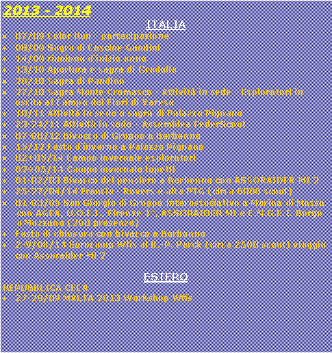 Casella di testo: 2013 - 2014ITALIA07/09 Color Run - partecipazione08/09 Sagra di Cascine Gandini14/09 riunione d�inizio anno13/10 Apertura e sagra di Gradella20/10 Sagra di Pandino27/10 Sagra Monte Cremasco - Attivit� in sede - Esploratori in uscita al Campo dei Fiori di Varese10/11 Attivit� in sede e sagra di Palazzo Pignano23-24/11 Attivit� in sede - Assemblea FederScout07-08/12 Bivacco di Gruppo a Berbenno15/12 Festa d�inverno a Palazzo Pignano02�05/14 Campo invernale esploratori02�05/14 Campo invernale lupetti01-02/03 Bivacco del pensiero a Berbenno con ASSORAIDER MI 225-27/04/14 Francia - Rovers e alta PTG (circa 6000 scout) 01-03/05 San Giorgio di Gruppo interassociativo a Marina di Massa     con AGEA, U.O.E.I., Firenze 1�, ASSORAIDER MI e C.N.G.E.I. Borgo            a Mozzano (260 presenze)Festa di chiusura con bivacco a Berbenno2-9/08/14 Eurocamp Wfis al B.-P. Parck (circa 2500 scout) viaggio con Assoraider Mi 2ESTEROREPUBBLICA CECA27-29/09 MALTA 2013 Workshop Wfis